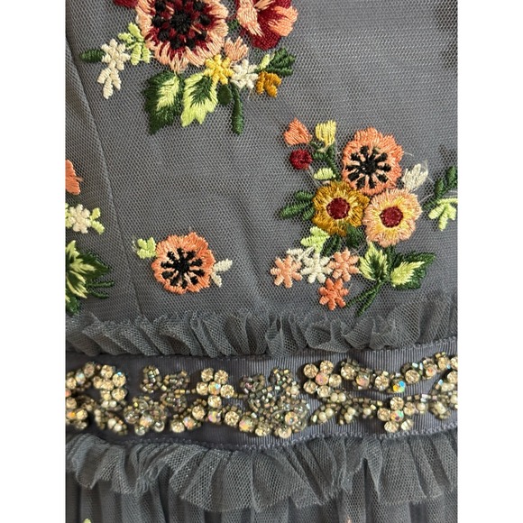 Needle & Thread Blue Floral Embroidered Tulle Midi Dress Fairy Prom Indie Folk - Picture 7 of 13